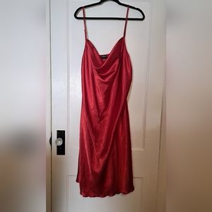 Bright red satin cowl neckline dress with spaghetti straps.